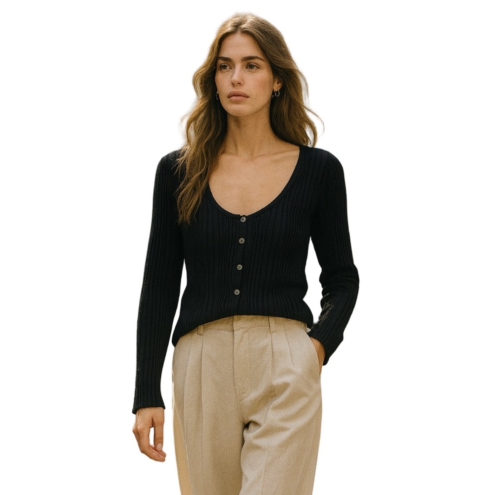 Anthropologie Black Ribbed knit Cardigan Top scoop necklace Small